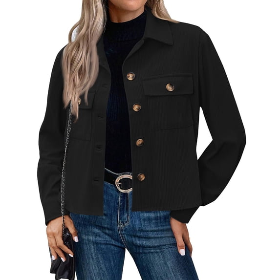 Women's Fashion Cropped Shacket Button Down Corduroy Crop Jacket Black L