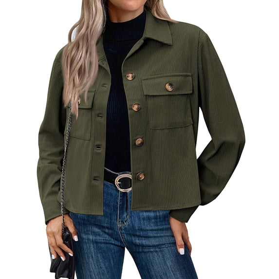 Women's Fashion Cropped Shacket Button Down Corduroy Crop Jacket Green 2XL