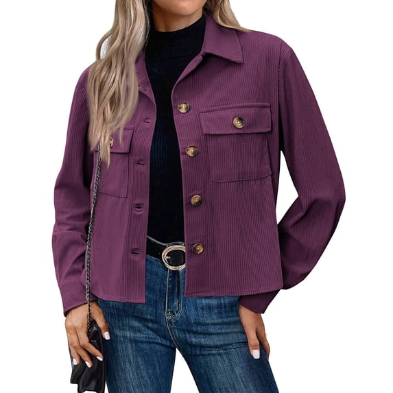 Women's Fashion Cropped Shacket Button Down Corduroy Crop Jacket Purple 2XL