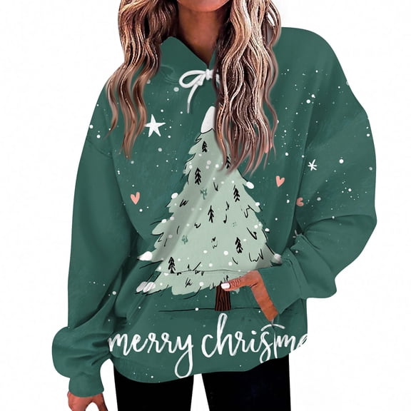 Women's Fashion Daily Casual Hoodie Long Sleeve Printed Top with Christmas Design and Hooded String for Comfort