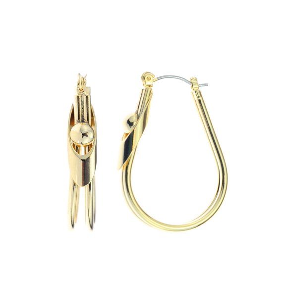 Women's Fashion Dangling Hoop Earrings Made In Korea, 20mm, Smooth Double Oval Gold-Tone