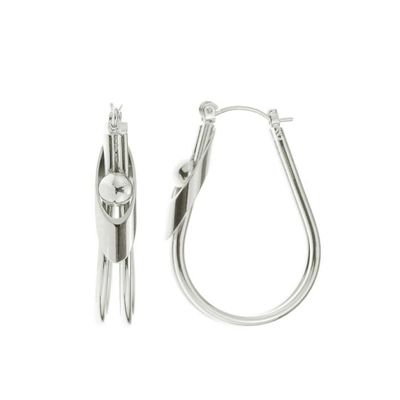 Women's Fashion Dangling Hoop Earrings Made In Korea, 20mm, Smooth Double Oval Silver-Tone