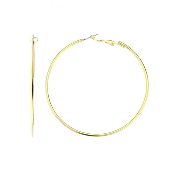 Women's Fashion Dangling Hoop Earrings Made In Korea, 56mm, Solid Plain Gold-Tone