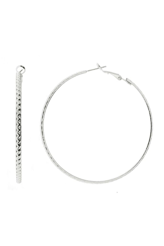 Women's Fashion Dangling Hoop Earrings Made In Korea, 57mm, Sculpted Wavy Silver-Tone