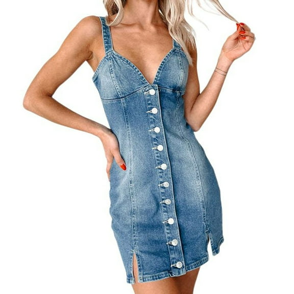 Women's Fashion Deep V Neck Button Down Denim Dress