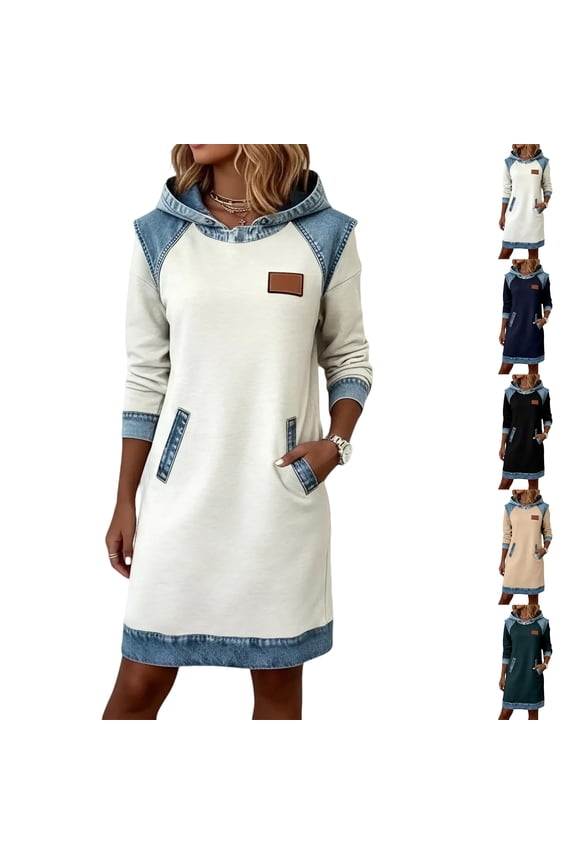 Women's Fashion Denim Color Block Hoodie with Color Block Hat Dress for Winter Street Style and Casual Fun,Yellow,M