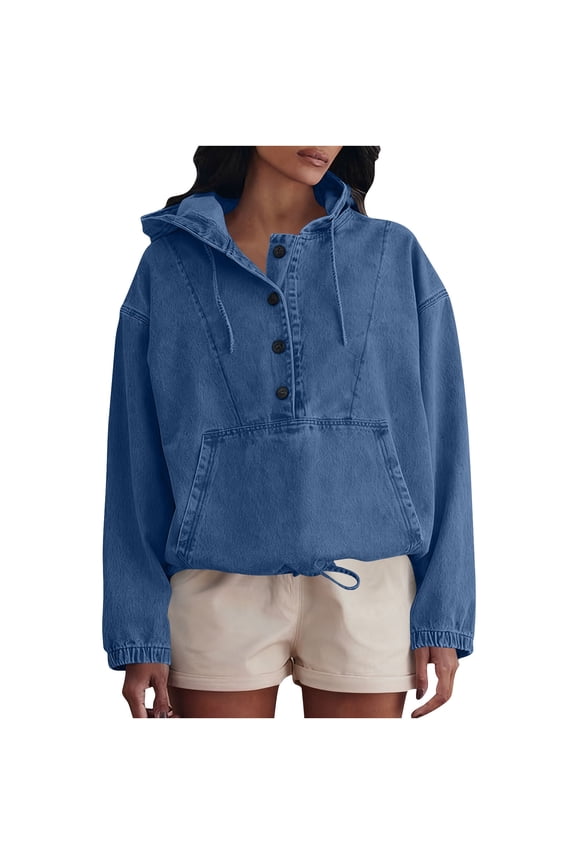 Women's Fashion Denim Jacket Hooded Pullover Style Button Up Front Long Sleeve Top Casual Utility Chic Streetwear Oversized Fit Fall
