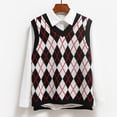 thumbnail image 1 of Women's Fashion Diamond Plaid Sleeveless V-Neck Loose Knitted Sweater Vest, Student College Style for Casual Wear,Black,M, 1 of 7