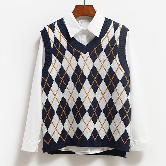 Women's Fashion Diamond Plaid Sleeveless V-Neck Loose Knitted Sweater Vest, Student College Style for Casual Wear,Blue,M