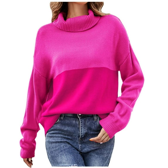 Women's Fashion Double Color Turtleneck Long Sleeve Pullover Knitted Casual Sweater Jumper Tops Autumn Winter