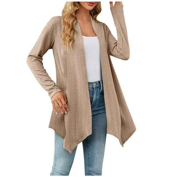 Women's Fashion Drape Open Front Cardigan Solid Long Sleeve Irregular Hem Mid Length Knit Sweater Fall Casual Outerwear