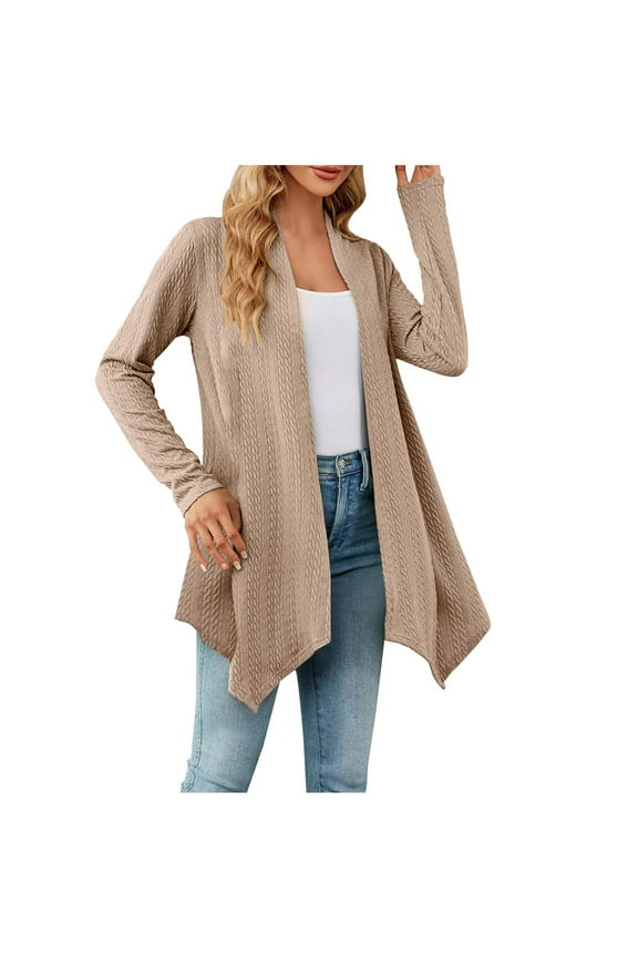 Women's Fashion Drape Open Front Cardigan Solid Long Sleeve Irregular Hem Mid Length Knit Sweater Fall Casual Outerwear