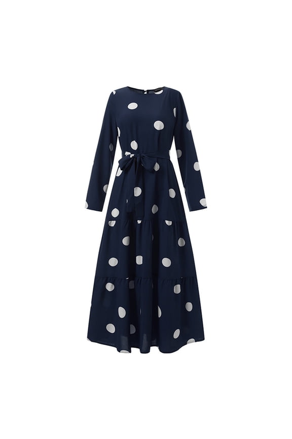 Women's Fashion Dress Muslim Polka Dot Elegant Waistband Long Dress, Modest and Elegant for Special Occasions, Ideal for Islamic Wear,Navy,Size S