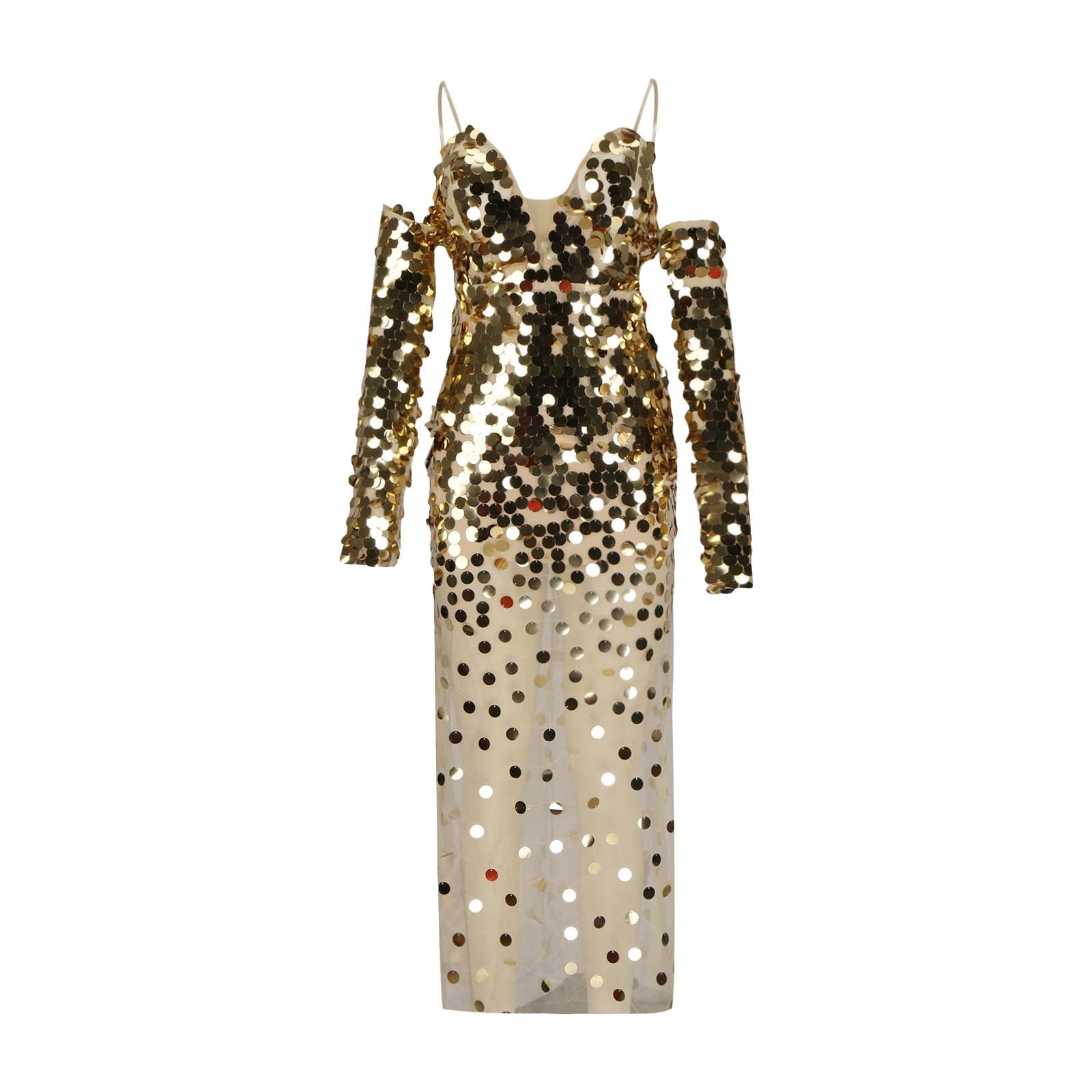 slim fit dress slacks ONE-SHOULDER DRESS WITH SHEER MESH IN GOLD | CULT MIA main image 0