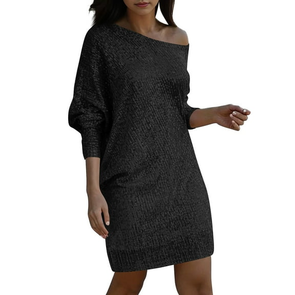 Women's Fashion Dresses Slant Shoulder Long Sleeve Solid Color Sexy Dresses, Bold and Alluring for Evening Events, Perfect for Parties,Black,Size 3XL