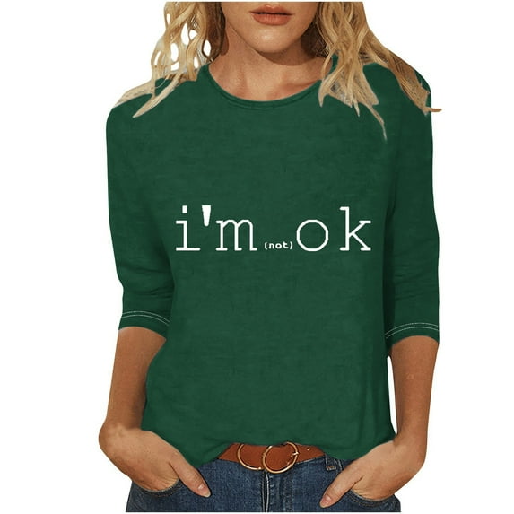 Women's Fashion Dressy Casual Tops 3/4 Sleeve Loose Fit Flowy Tunic Tops Vintage Funny Letter Print Sweatshirt Spring Elegant Shirts Summer Clothes for Teen Girls Round Neck Blouse Green T Shirts L