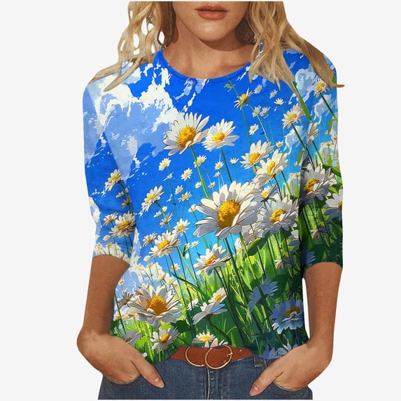 Women's Fashion Dressy Casual Tops Gradient Floral Print Shirts Summer Clothes Vintage Round Neck Blouse Spring Elegant Shirts 3/4 Sleeve Loose Fit Flowy Tunic Tops Light Blue T Shirts XXXXL