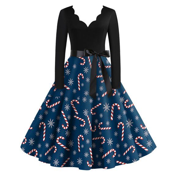 Women's Fashion Elegant Autumn and Winter Long Sleeve V-Neck Christmas Print Dress for Holiday Parties and Casual Wear, Stylish Women's Seasonal Dress,Dark Blue,S