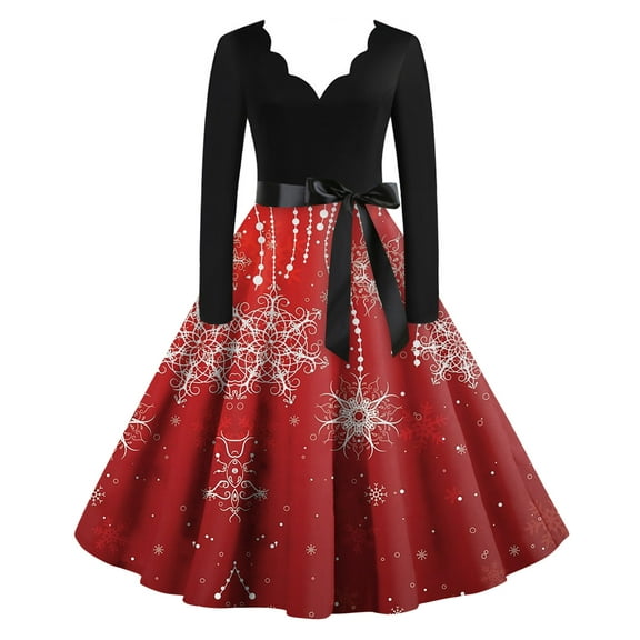 Women's Fashion Elegant Autumn and Winter Long Sleeve V-Neck Christmas Print Dress for Holiday Parties and Casual Wear, Stylish Women's Seasonal Dress,Red,S