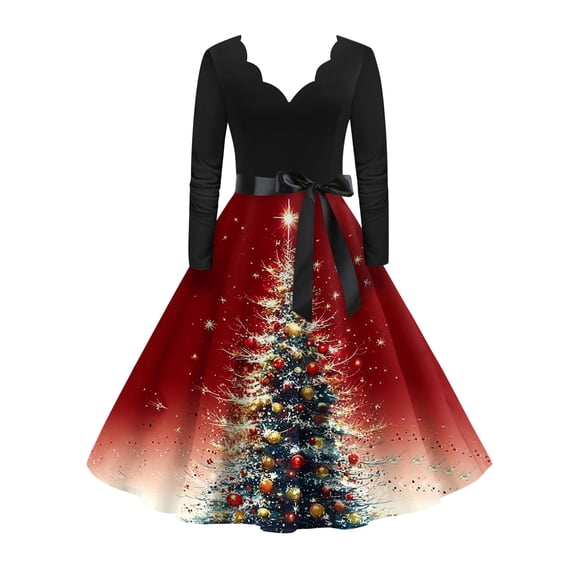 Women's Fashion Elegant Autumn and Winter Long Sleeve V-Neck Christmas Print Dress for Holiday Parties and Casual Wear, Stylish Women's Seasonal Dress,Vermilion,XL
