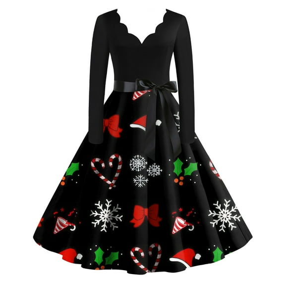 Women's Fashion Elegant Autumn and Winter Long Sleeve V-Neck Christmas Print Dress in Red XL for Holiday Parties and Casual Wear, Stylish Women's Seasonal Dress,Deep Red,S