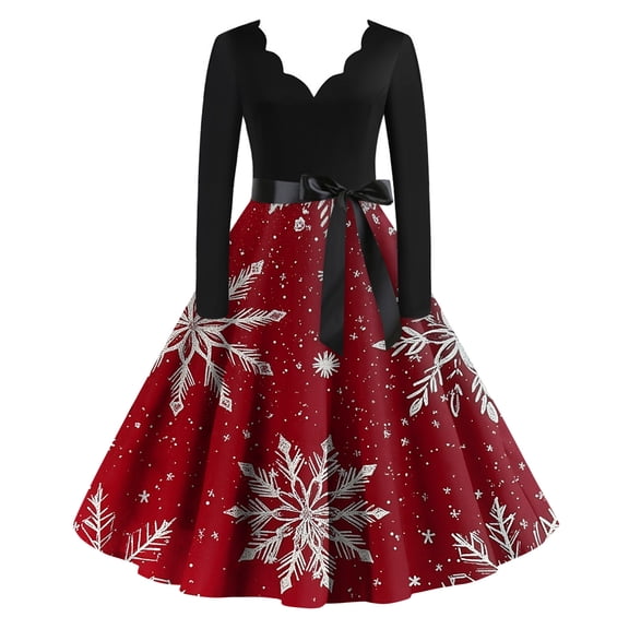 Women's Fashion Elegant Autumn and Winter Long Sleeve V-Neck Christmas Print Dress in Red XL for Holiday Parties and Casual Wear, Stylish Women's Seasonal Dress,Wine,XL