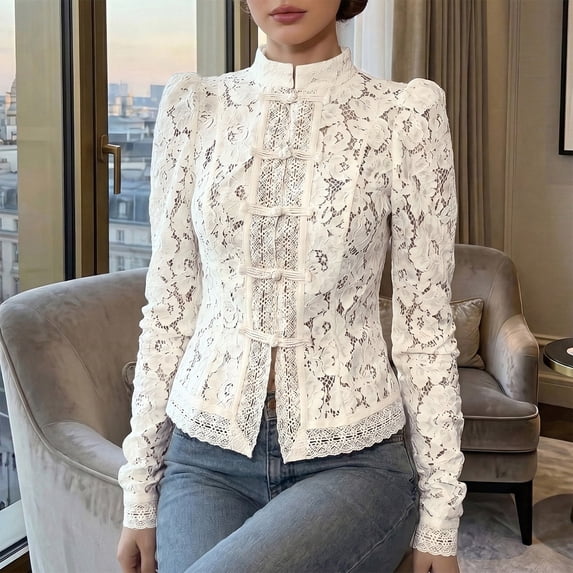 Women's Fashion Elegant Commute Stand Collar Blouse, Lace Crochet Detail with Chinese Frog Button Closure, for Office Work or Daily Casual Outfits in Spring White
