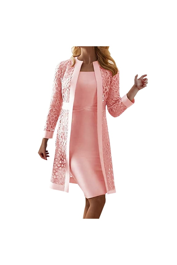 Women's Fashion Elegant Dresses Sets Long Sleeve Hollow Out Lace Cardigans Formal Dress Party Dress Knee Length Evening Dress Two Piece Set