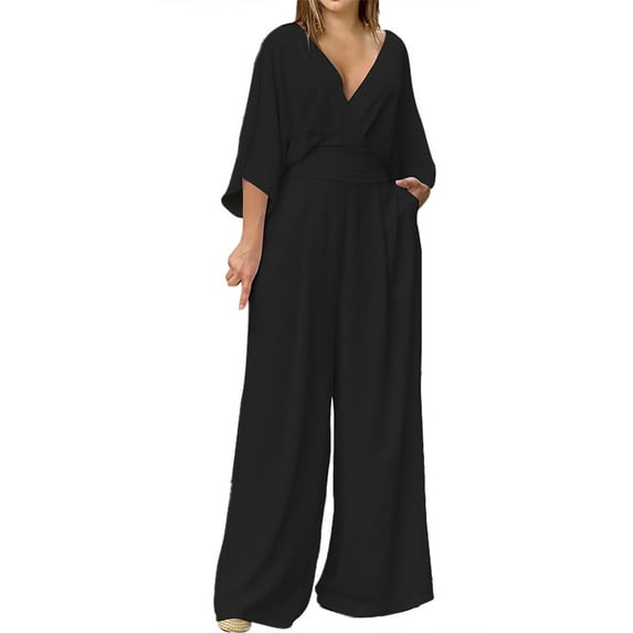 Women's Fashion Elegant Temperament Solid Color Waist V Neck Jumpsuit Women Tuxedo Suit plus Size Loose Jumpsuit for Women Cute New Years Eve Outfits plus Size Overalls for Body Suit Tops for Women