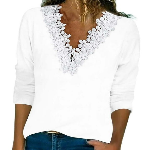 Women's Fashion Fall Gradient Tops Long Sleeve Lace Trim V Neck Casual Shirts Basic Tees Loose Fit Tunic Blouses
