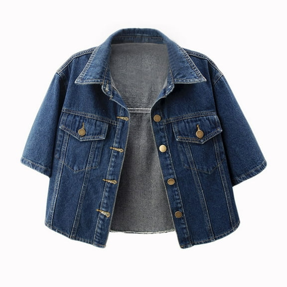 Women's Fashion Fall Jacket New Cropped Denim Jacket for Women Short Sleeve Casual Ripped Jean Jackets Distressed Trucker Coats Blue 3XL
