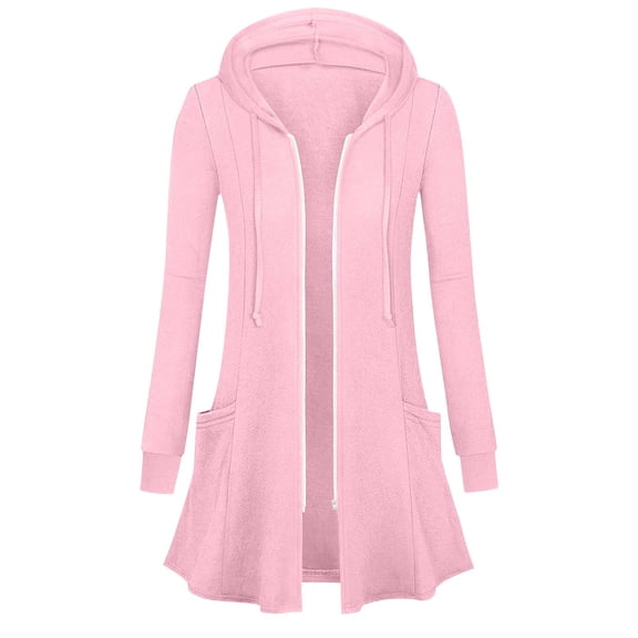 Women's Fashion Fall Jacket New Women's Long Zip up Hoodie Open Front Cardigan Jacket Lightweight Oversized Tunic Sweatshirt with Pockets Pinky S