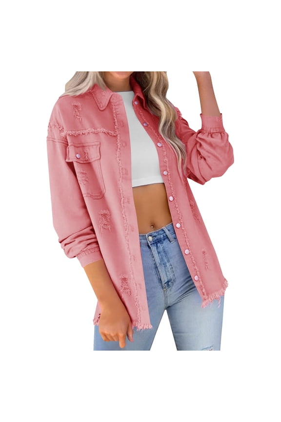 Women's Fashion Fall Jacket New Womens Oversized Ripped Denim Jacket Frayed Hem Button Front Jean Coat Casual Trendy Outerwear with Pockets Pinky S