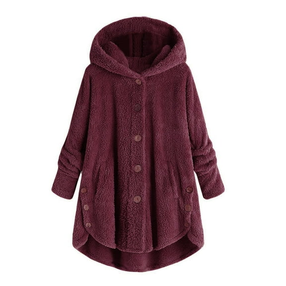Women's Fashion Faux Fur Button Coat - Solid Color Loose Hooded Pullover Sweater Jacket, Burgundy, XXL