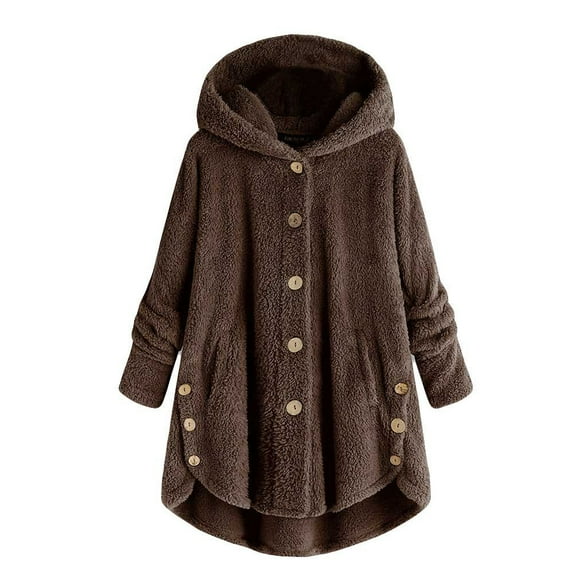 Women's Fashion Faux Fur Button Coat - Solid Color Loose Hooded Pullover Sweater Jacket, Coffee Brown, 5XL