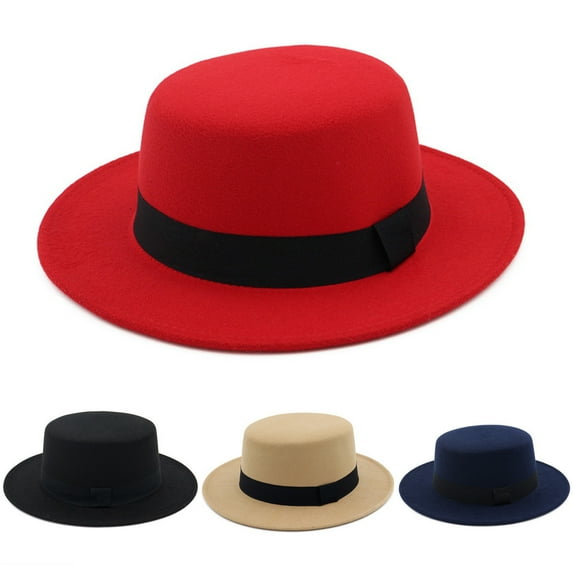 Women's Fashion Fedora Hat, Stylish Church Hat with Ribbon, Wide Brim Wool Flat Top Hat for Women, Party Hat, Casual Sun Hat for Daily Wear, Easter, and Spring Outfits-Black
