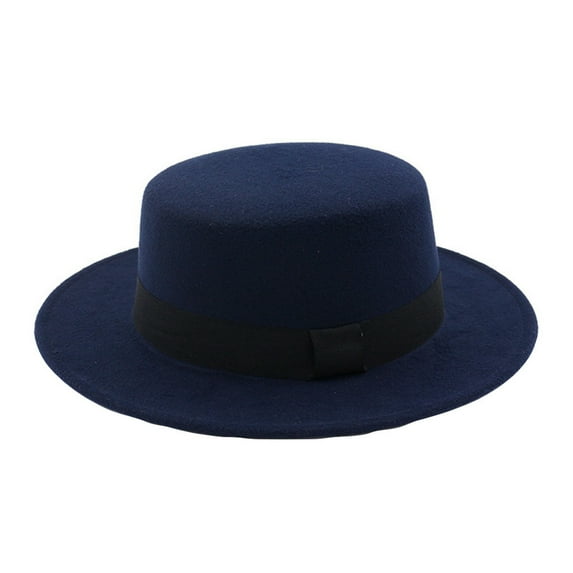 Women's Fashion Fedora Hat, Stylish Church Hat with Ribbon, Wide Brim Wool Flat Top Hat for Women, Party Hat, Casual Sun Hat for Daily Wear, Easter, and Spring Outfits-Navy