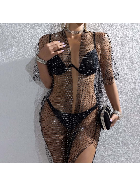 Women's Fashion Fishnet Mesh Rhinestone Split Sleeve Cover Up Tunic Top Come Mono Cardigan Womens Open Front Sweaters for Women Tie Front Stripe Sweater Womens Cardigan Sweaters Knit Women Cardigan