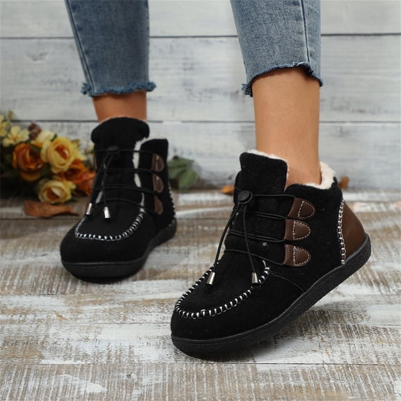 Women's Fashion Flat Heel Warm Fleece-Lined Laced Snow Boots Black