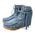 thumbnail image 1 of Women's Fashion Flats Mid Calf Boots Round Toe Fringed Lace-up Nude Boots Blue, 1 of 5