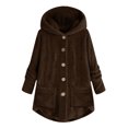 thumbnail image 1 of Women's Fashion Fleece Hooded Jacket - Irregular Patchwork Cat Ear Warm Coat with Pockets, Coffee Brown, L, 1 of 3