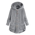 thumbnail image 1 of Women's Fashion Fleece Hooded Jacket - Irregular Patchwork Cat Ear Warm Coat with Pockets, Gray, L, 1 of 3