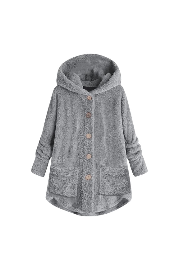 Women's Fashion Fleece Hooded Jacket - Irregular Patchwork Cat Ear Warm Coat with Pockets, Gray, XXXL