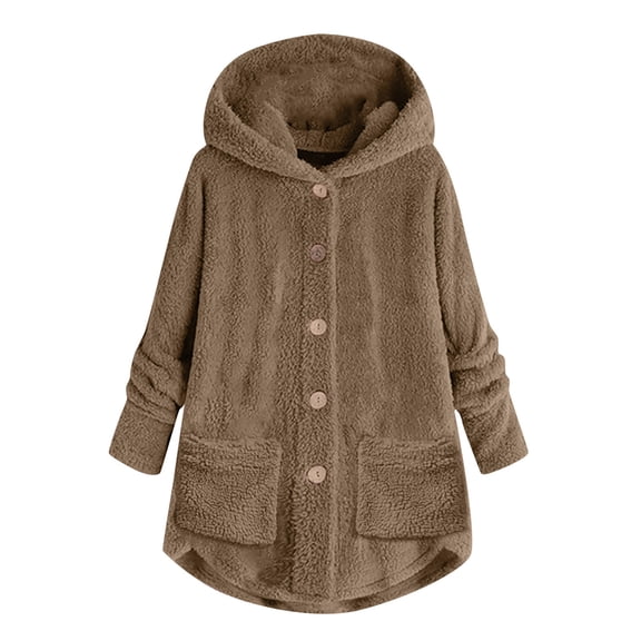 Women's Fashion Fleece Hooded Jacket - Irregular Patchwork Cat Ear Warm Coat with Pockets, Khaki, 4XL