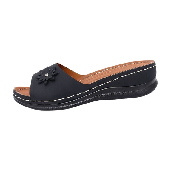 Women's Fashion Flower Sandals Comfortable Arch Support Slides Summer Beach Platform PU Leather Wedge Slippers Black Women Sandal