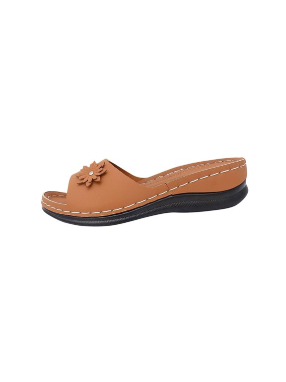 Women's Fashion Flower Sandals Comfortable Arch Support Slides Summer Beach Platform PU Leather Wedge Slippers Brown Women Sandal