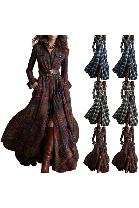 Women's Fashion French Vintage Check Waist-Cinching Slimming Asymmetrical Design Collar Long Sleeve Dress for Winter Retro Parties and Elegant Wear,Black,S