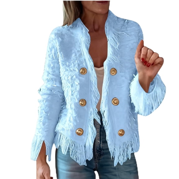 Women's Fashion Fringe Cardigan - Long Sleeve Open Front Tassel Coat, Stylish Party & Daily Fall Outfit, Light Blue Size XXXL
