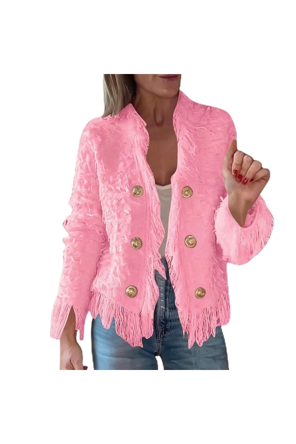 Women's Fashion Fringe Cardigan - Long Sleeve Open Front Tassel Coat, Stylish Party & Daily Fall Outfit, Pink Size XXXL