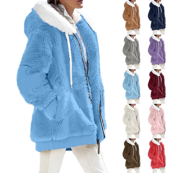 Women's Fashion Fuzzy Solid Color Zippered Pocket Hooded Long Sleeve Loose Warm Jacket for Fall and Winter Wear, Casual Outings, and Holiday Gatherings,Red,L
